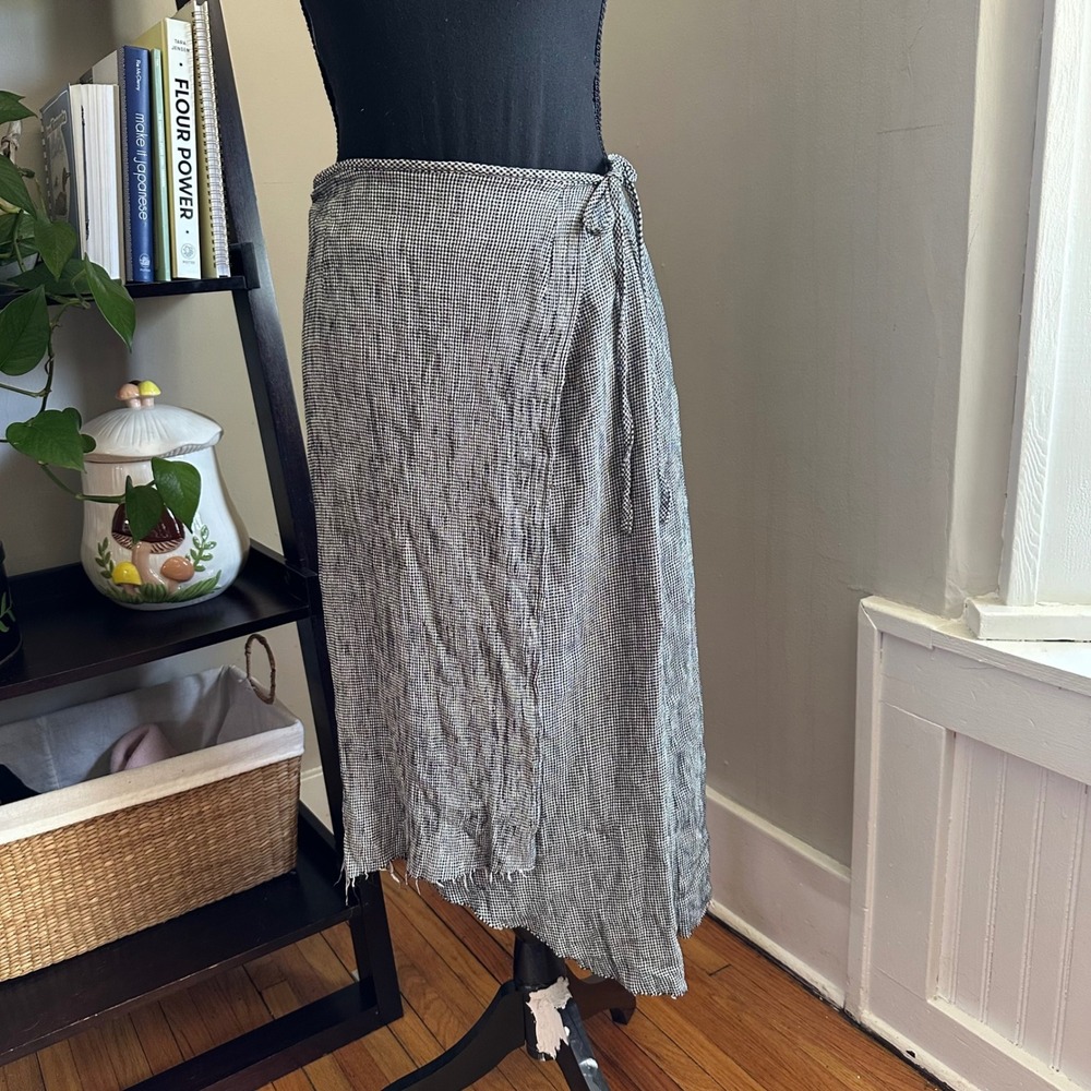 Talbots Womens Black White Gingham Wrap Midi Skirt Size 14 Raw Hem Tie Side